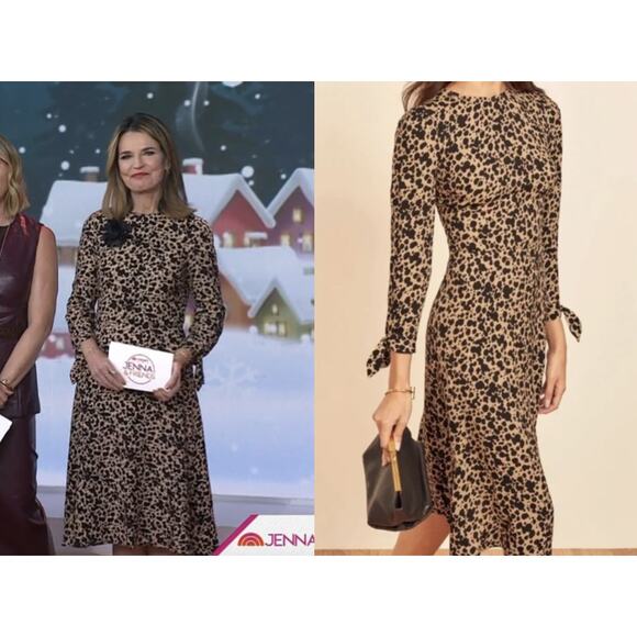 Reformation Port Dress Leopard Animal Print Tie Sleeve Modest Crepe Midi SZ 6 - Picture 8 of 8